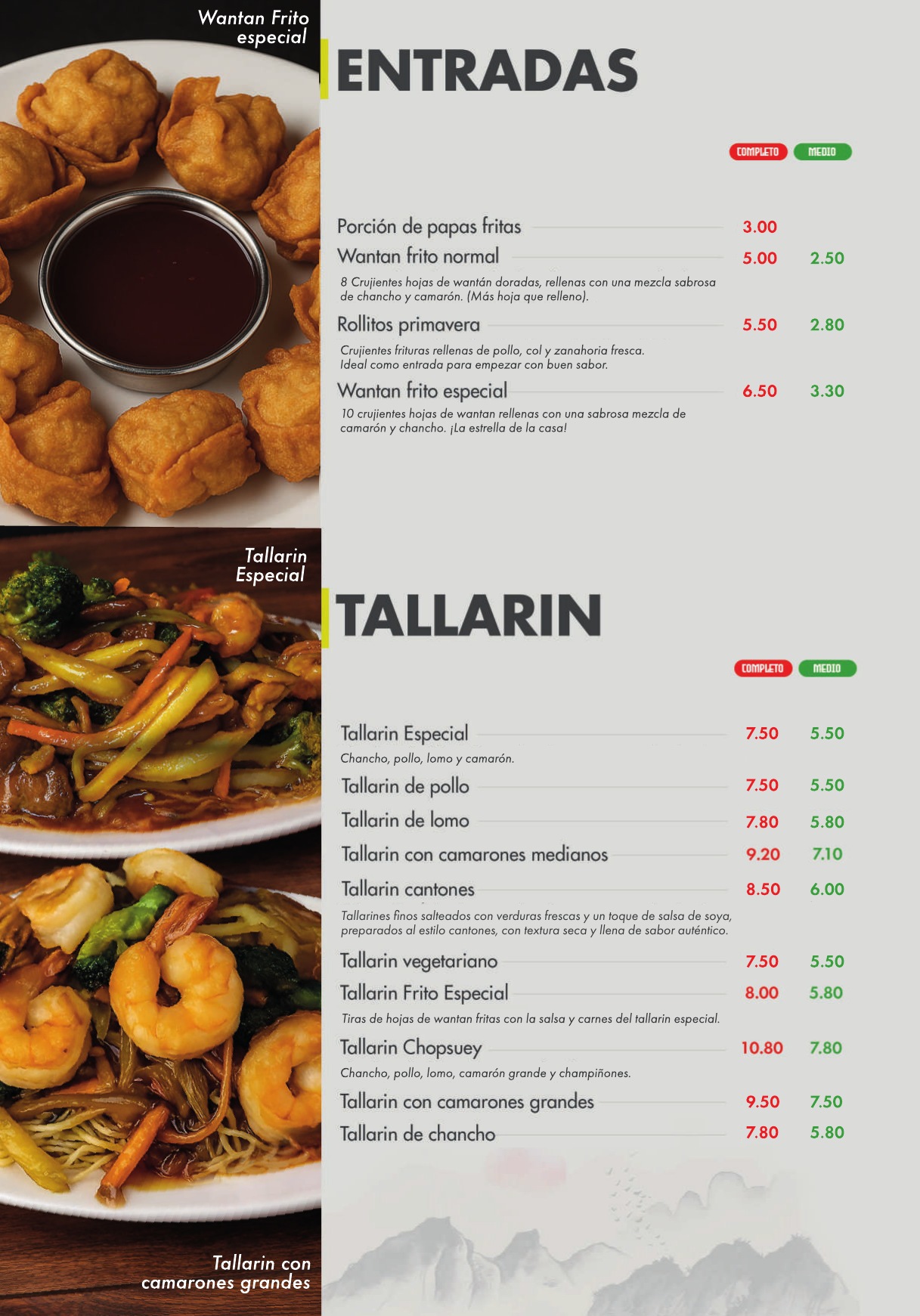 Entradas y tallarines